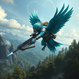 An Aarakocra Arcane sniper character for a Dungeons & Dragons setting, depicted as a majestic bird-like humanoid with vibrant plumage in shades of blue and green