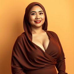 A mature Asian woman wearing a stylish hijab, radiating confidence and grace