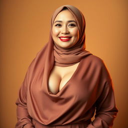 A mature Asian woman wearing a stylish hijab, radiating confidence and grace