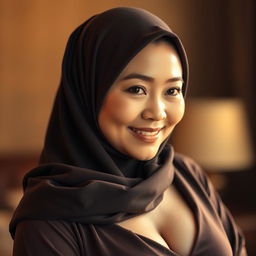 A mature Asian woman wearing a stylish hijab, radiating confidence and grace