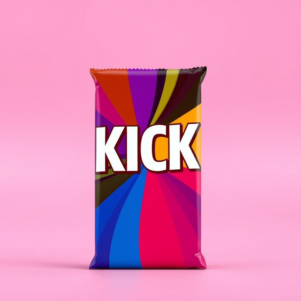 A full vertical view of chocolate bar packaging prominently displaying the word 'KICK' in bold white letters