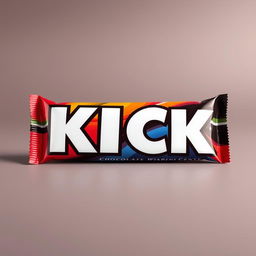 A full vertical view of chocolate bar packaging prominently displaying the word 'KICK' in bold white letters