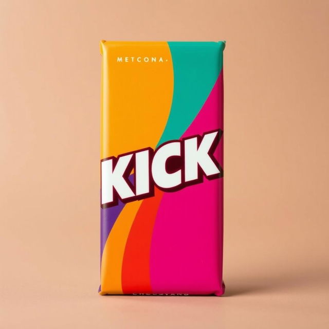 A full vertical view of chocolate bar packaging prominently displaying the word 'KICK' in bold white letters