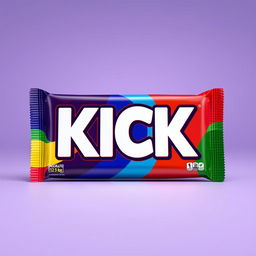 A full vertical view of chocolate bar packaging prominently displaying the word 'KICK' in bold white letters