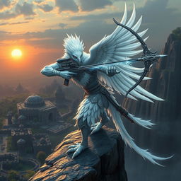 An Aarakocra Arcane sniper character for a Dungeons & Dragons setting, depicted as a majestic white bird-like humanoid with striking white feathers and intricate silver accents on their armor