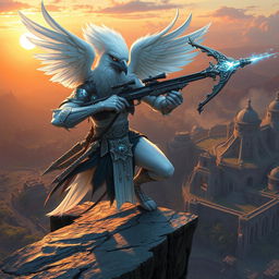 An Aarakocra Arcane sniper character for a Dungeons & Dragons setting, depicted as a majestic white bird-like humanoid with striking white feathers and intricate silver accents on their armor