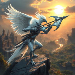 An Aarakocra Arcane sniper character for a Dungeons & Dragons setting, depicted as a majestic white bird-like humanoid with striking white feathers and intricate silver accents on their armor