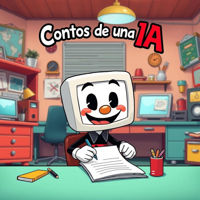 A Cuphead-style cartoon humanoid with a screen head, energetically writing on a piece of paper in a whimsical office environment