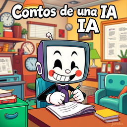 A Cuphead-style cartoon humanoid with a screen head, energetically writing on a piece of paper in a whimsical office environment