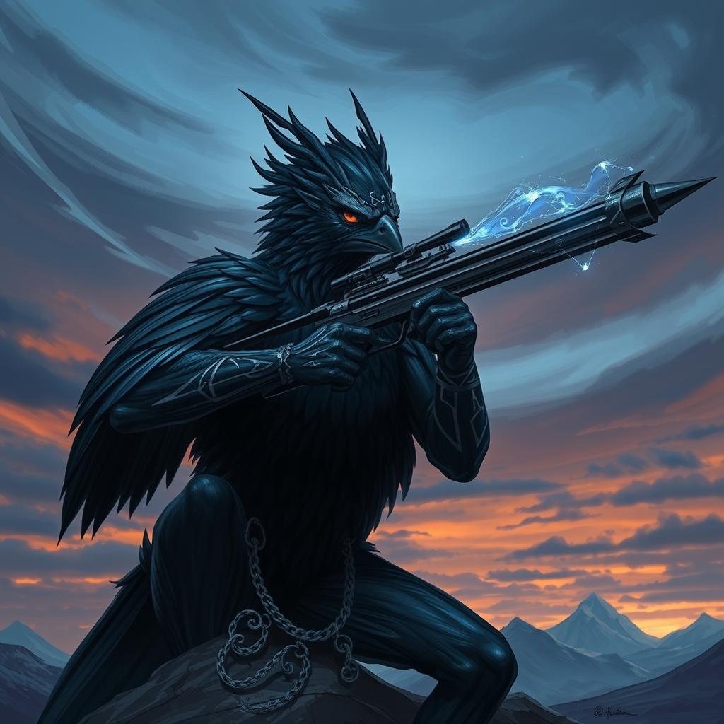 An Aarakocra Arcane sniper character for a Dungeons & Dragons setting, portrayed as a striking black bird-like humanoid with sleek, glossy feathers accented by mystical silver patterns