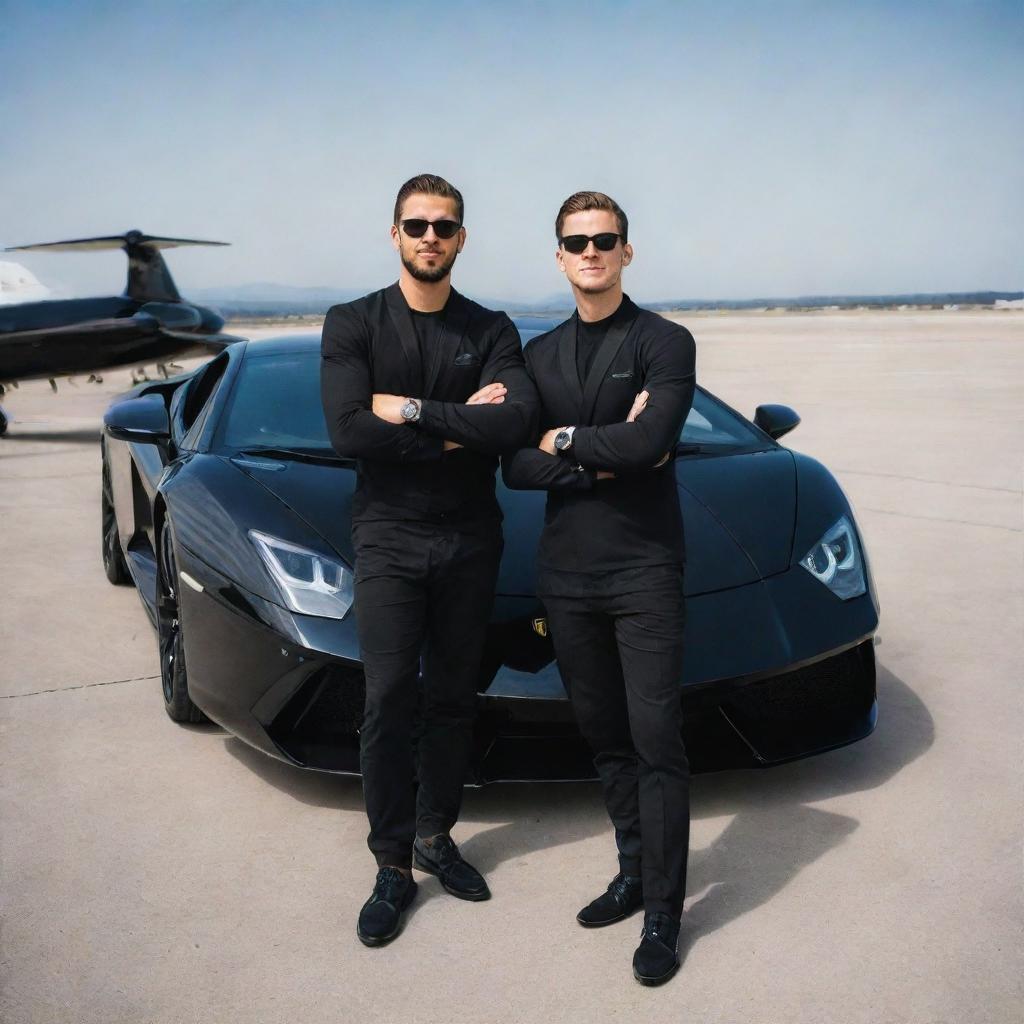 Two best friends, arms draped over each other's shoulders, standing proudly beside their black Lamborghini, with a matching private jet in the background.