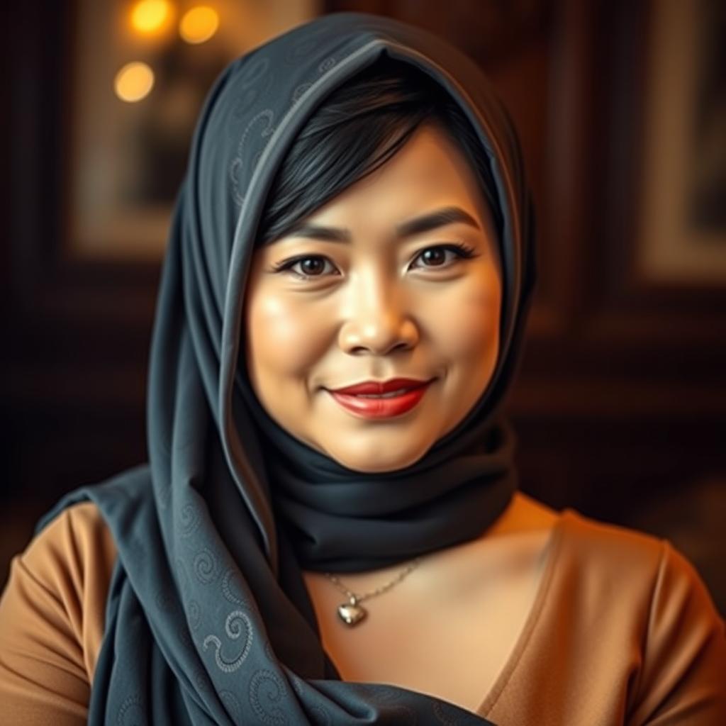 A striking portrait of a mature Asian woman wearing a beautifully styled hijab