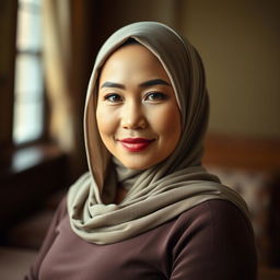 A striking portrait of a mature Asian woman wearing a beautifully styled hijab