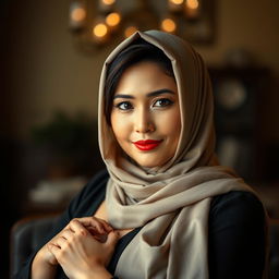 A striking portrait of a mature Asian woman wearing a beautifully styled hijab