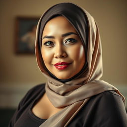 A striking portrait of a mature Asian woman wearing a beautifully styled hijab