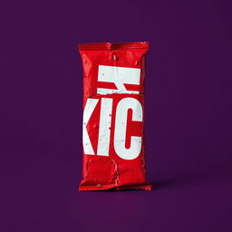 A full vertical view of a crushed red chocolate bar packaging featuring the word 'KICK' in bold white letters prominently displayed