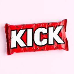 A full vertical view of a crushed red chocolate bar packaging featuring the word 'KICK' in bold white letters prominently displayed