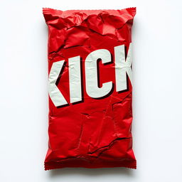 A full vertical view of a crushed red chocolate bar packaging featuring the word 'KICK' in bold white letters prominently displayed