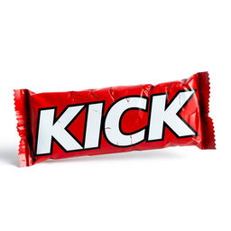 A full vertical view of a crushed red chocolate bar packaging featuring the word 'KICK' in bold white letters prominently displayed