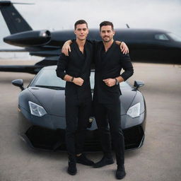 Two best friends, arms draped over each other's shoulders, standing proudly beside their black Lamborghini, with a matching private jet in the background.