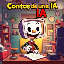 A Cuphead-style cartoon humanoid with a screen head, enthusiastically writing on a piece of paper in a whimsical office environment