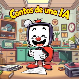 A Cuphead-style cartoon humanoid with a screen head, enthusiastically writing on a piece of paper in a whimsical office environment