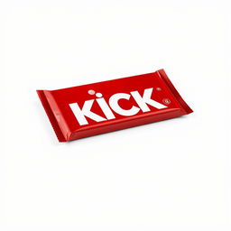 A full vertical view of red chocolate bar packaging featuring the word 'KICK' in bold white letters prominently showcased on the front