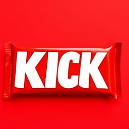 A full vertical view of red chocolate bar packaging featuring the word 'KICK' in bold white letters prominently showcased on the front