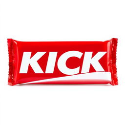 A full vertical view of red chocolate bar packaging featuring the word 'KICK' in bold white letters prominently showcased on the front