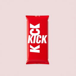 A full vertical view of red chocolate bar packaging featuring the word 'KICK' in bold white letters prominently showcased on the front