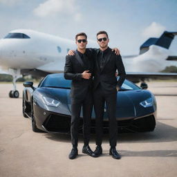 Two best friends, arms draped over each other's shoulders, standing proudly beside their black Lamborghini, with a matching private jet in the background.