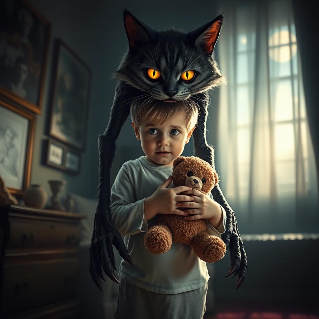 A terrified child with wide eyes, clutching a teddy bear, standing in a dimly lit room