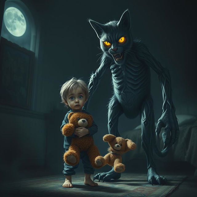 A terrified child with wide eyes, clutching a teddy bear, standing in a dimly lit room