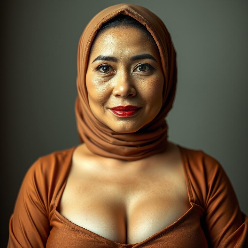 A striking portrayal of a mature Asian woman wearing a beautifully styled hijab, exuding confidence and elegance