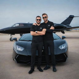 Two best friends, arms draped over each other's shoulders, standing proudly beside their black Lamborghini, with a matching private jet in the background.