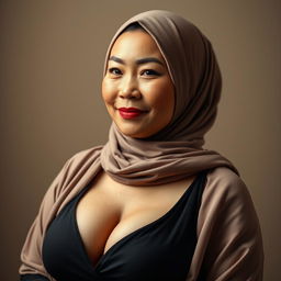 A striking portrayal of a mature Asian woman wearing a beautifully styled hijab, exuding confidence and elegance