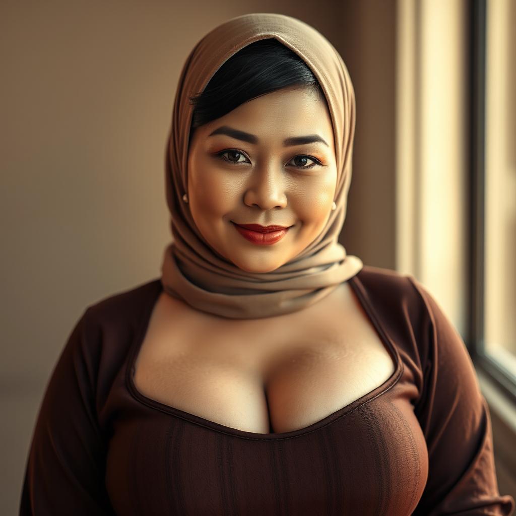 A striking portrayal of a mature Asian woman wearing a beautifully styled hijab, exuding confidence and elegance