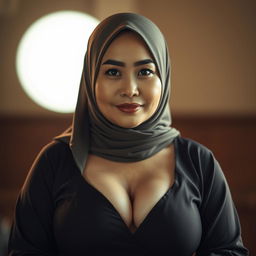 A striking portrayal of a mature Asian woman wearing a beautifully styled hijab, exuding confidence and elegance