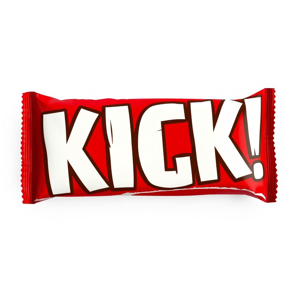 A full vertical view of tear-red chocolate bar packaging showcasing the word 'KICK' in bold white letters prominently positioned on the front