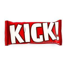 A full vertical view of tear-red chocolate bar packaging showcasing the word 'KICK' in bold white letters prominently positioned on the front