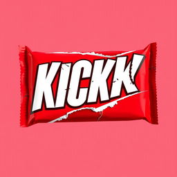 A full vertical view of tear-red chocolate bar packaging showcasing the word 'KICK' in bold white letters prominently positioned on the front