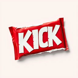 A full vertical view of tear-red chocolate bar packaging showcasing the word 'KICK' in bold white letters prominently positioned on the front