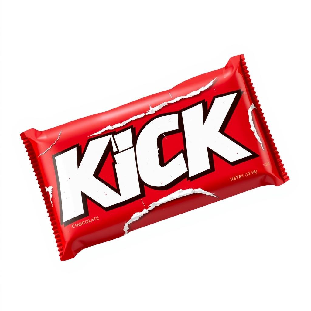 A full vertical view of tear-red chocolate bar packaging showcasing the word 'KICK' in bold white letters prominently positioned on the front