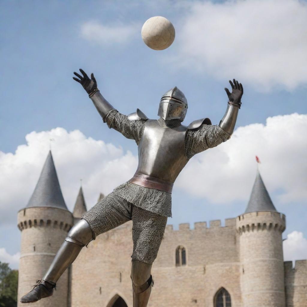 A medieval knight in full armor, spiking a volleyball mid-air with a castle background.