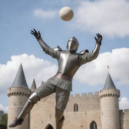 A medieval knight in full armor, spiking a volleyball mid-air with a castle background.