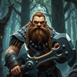 A stout and robust male dwarf character from a high fantasy realm, displaying long braided brown hair and a thick, majestic beard adorned with intricate metal beads