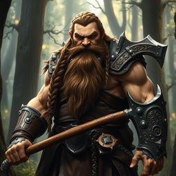 A stout and robust male dwarf character from a high fantasy realm, displaying long braided brown hair and a thick, majestic beard adorned with intricate metal beads