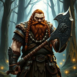 A stout and robust male dwarf character from a high fantasy realm, displaying long braided brown hair and a thick, majestic beard adorned with intricate metal beads