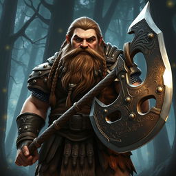 A stout and robust male dwarf character from a high fantasy realm, displaying long braided brown hair and a thick, majestic beard adorned with intricate metal beads