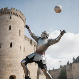 A medieval knight in full armor, spiking a volleyball mid-air with a castle background.